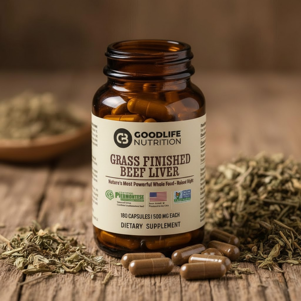 Goodlife Nutrition grass finished beef liver supplement bottle on a wooden surface with herbs.