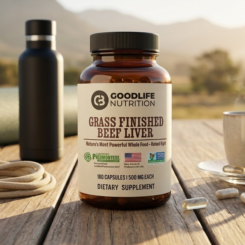 Goodlife Nutrition grass finished beef liver supplement bottle on a wooden table with outdoor scenery.
