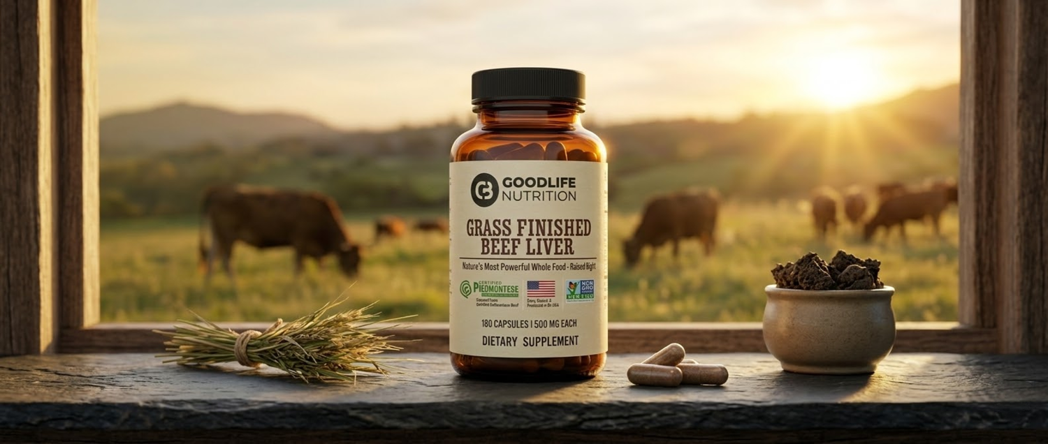 Goodlife Nutrition liver supplement bottle on a windowsill with a scenic view of cows in a field.