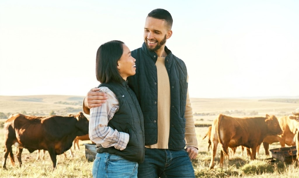 Man and woman standing in a field with cows in the background