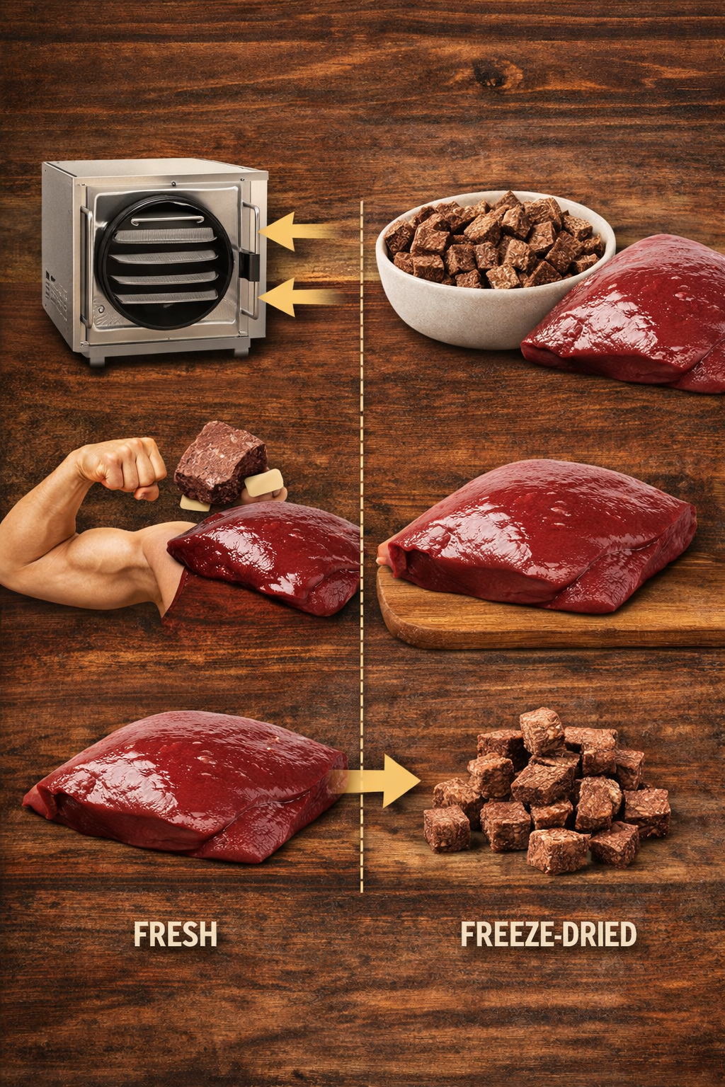Process of transforming fresh beef into freeze-dried beef liver using a dehydrator on a wooden background.